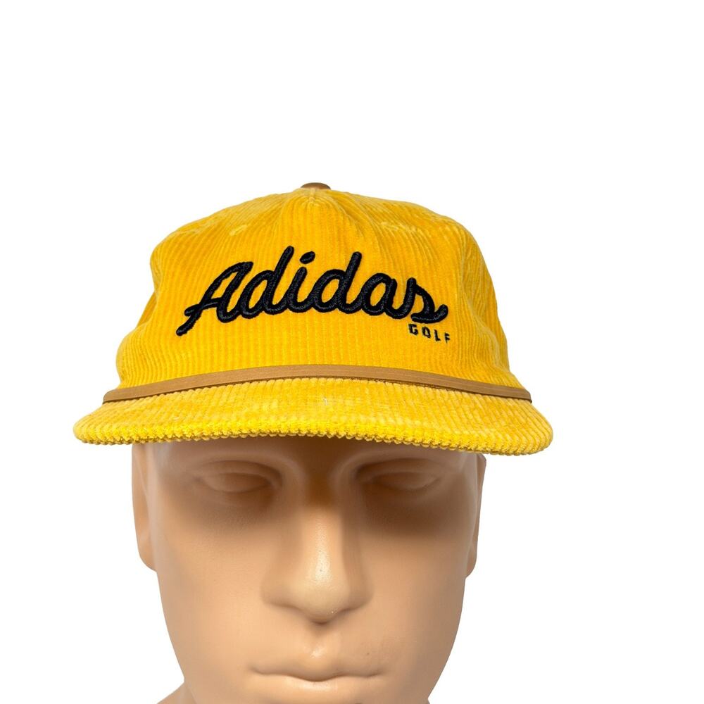 Adidas Golf Hat Cap Corduroy Yellow Leather Adjustment Strap 100% Cotton OSFM